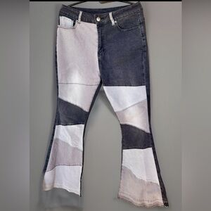 Patchwork Womens High Rise Flared Leg Gray/ Faded Black Jeans Cotton Blend 28X28